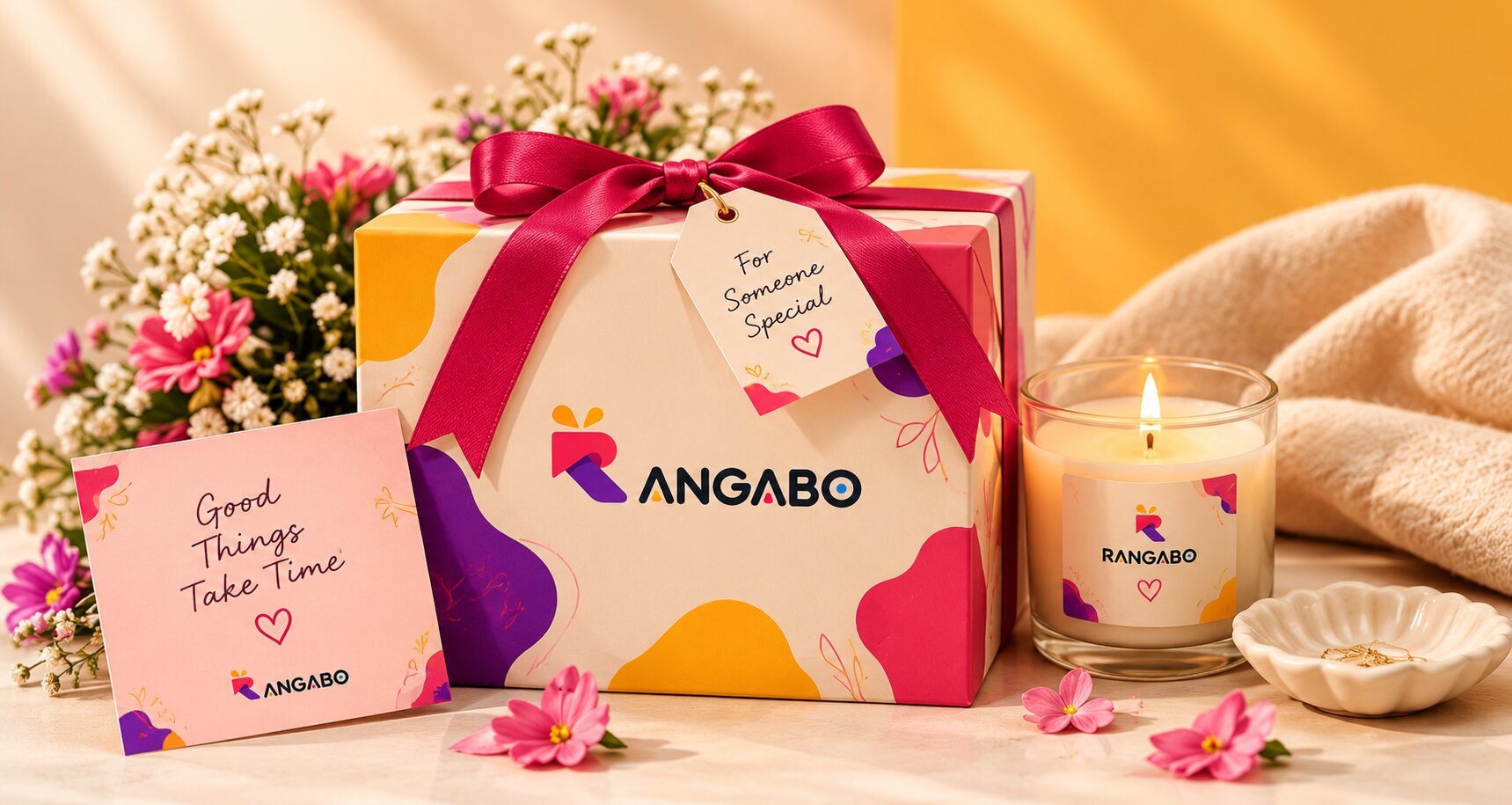 A beautifully wrapped gift with flowers and a handwritten note